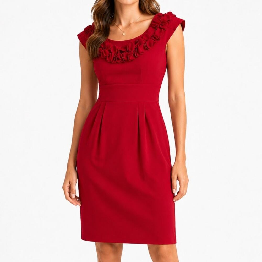 London Times Red Ruffle Neckline Sleeveless Sheath Dress